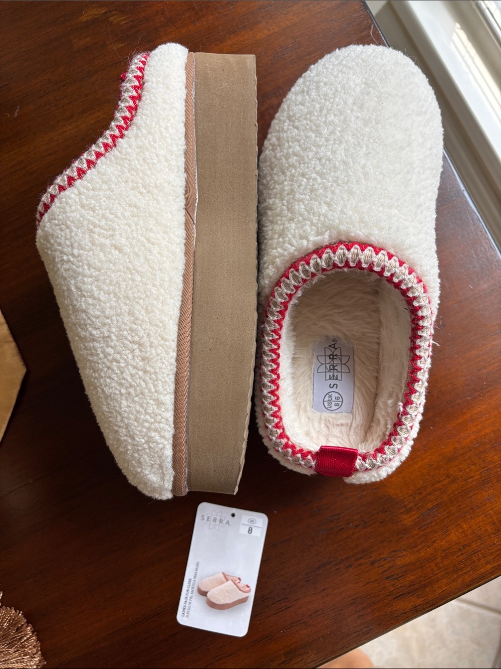 Women’s Cream Sherpa Slip-On Slippers with Red Trim and Tan Platform